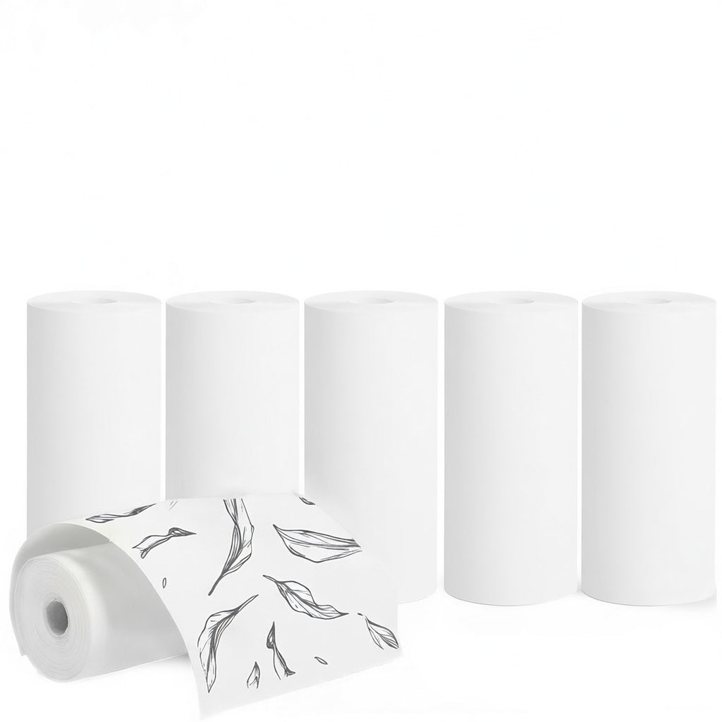 cinq Rouleaux papier pour impression thermique are displayed, five standing upright in a row and one lying in front, partially unrolled to show its surface. All rolls are set against a plain white background. 